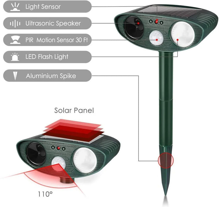 "Outdoor solar-powered ultrasonic deer repeller in garden setting, showcasing green and grey weather-resistant design."
