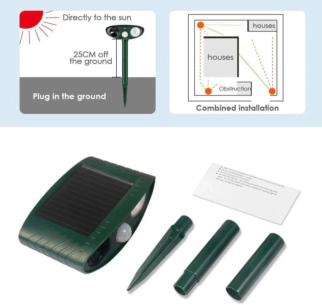 "Outdoor solar-powered ultrasonic deer repeller in garden setting, showcasing green and grey weather-resistant design."