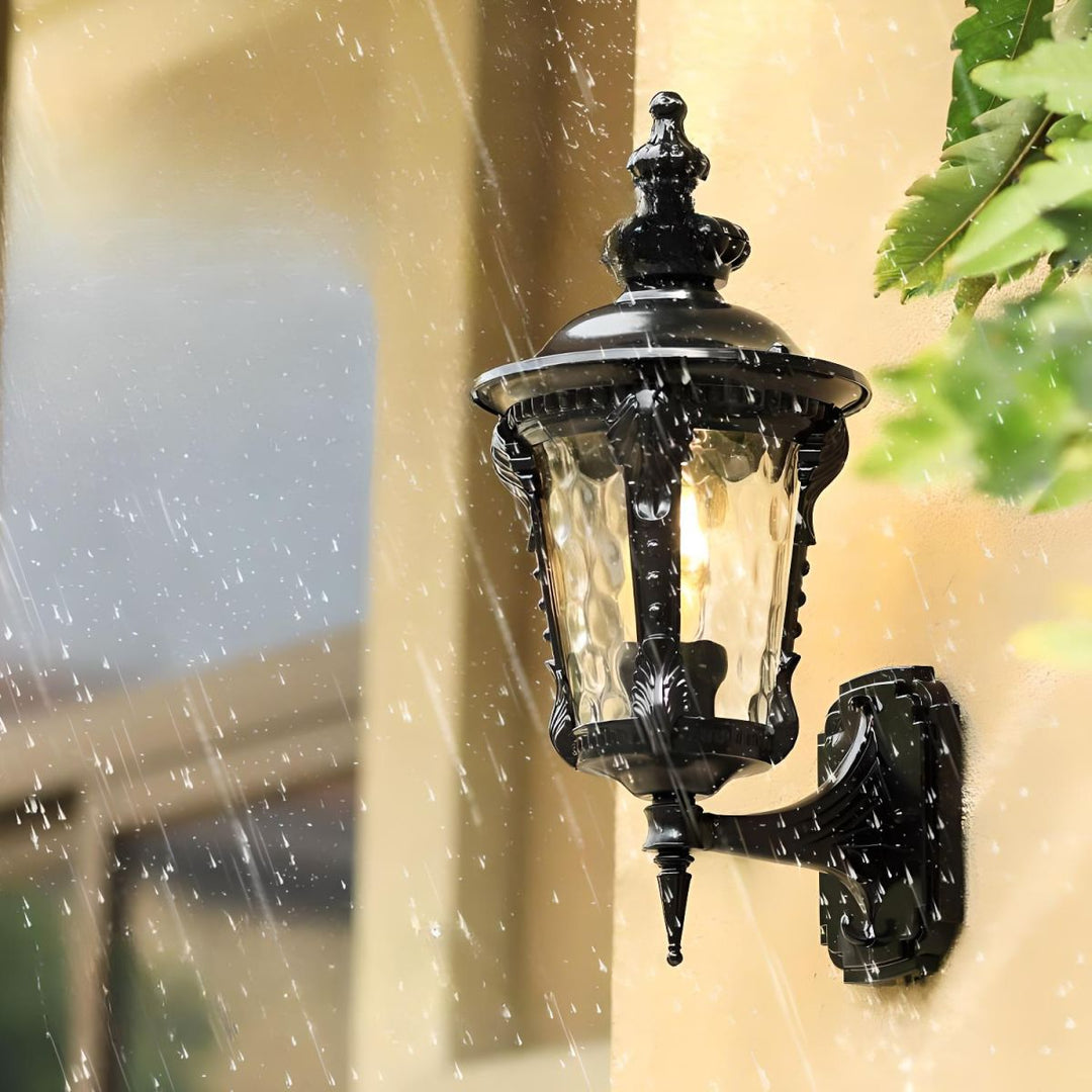 "Outdoor vintage glass wall lantern with aluminum frame, ideal for gardens, porches, providing warm and stylish ambiance."