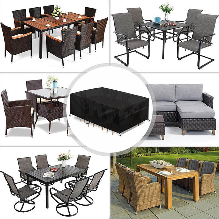 "Outdoor waterproof heavy-duty furniture cover, black 420D Oxford cloth blocks water, dirt. Fits patio furniture set."