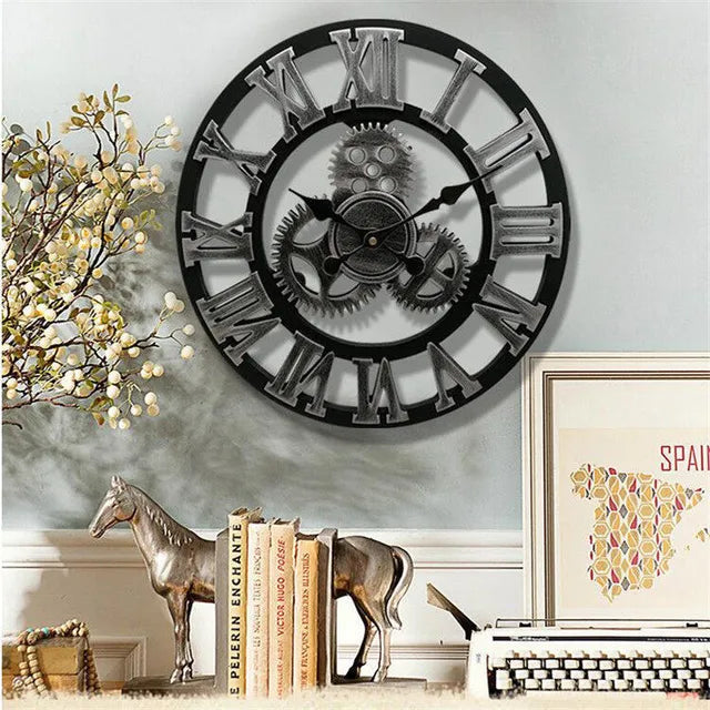 Oversized rustic industrial wall clock, perfect for vintage home decor in living room or office.