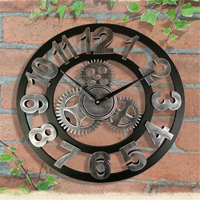 Large industrial wall clock with rustic finish, a decorative traditional timepiece for modern home decor.
