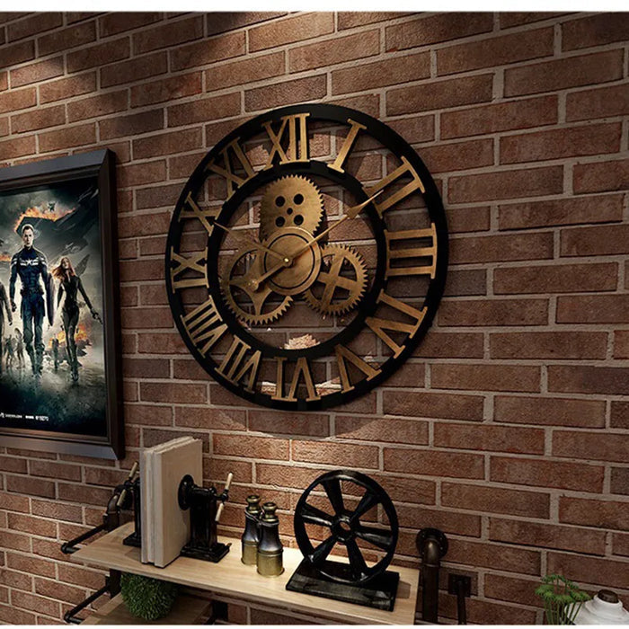 Decorative oversized rustic industrial wall clock for stylish home decor, ideal for living room or kitchen.