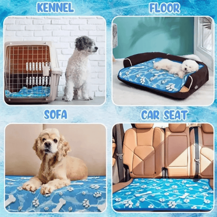 "Pale blue pet cooling mat on beige sofa provides comfort for dogs and cats during summer, featuring self-cooling ice silk fa