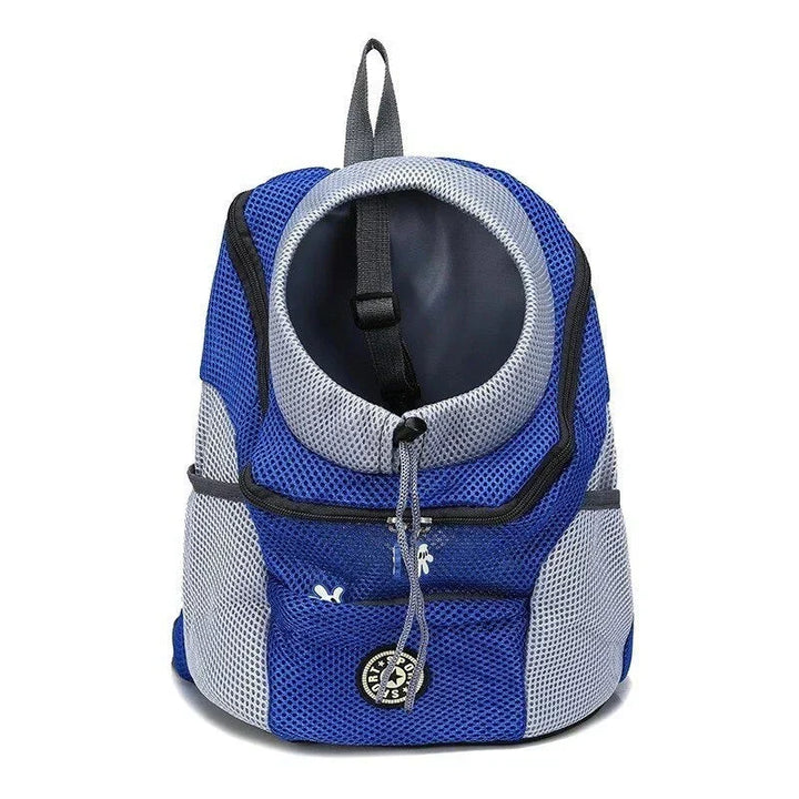 "Pet carrier backpack with safety straps, ergonomic design, breathable mesh, for dogs up to 15 kg, outdoor travel"