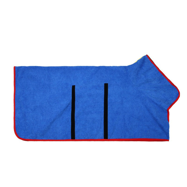 Pet dog absorbent towel robe, adjustable fit, multi-functional as bathrobe or nightgown, vibrant colors, fits all breeds.