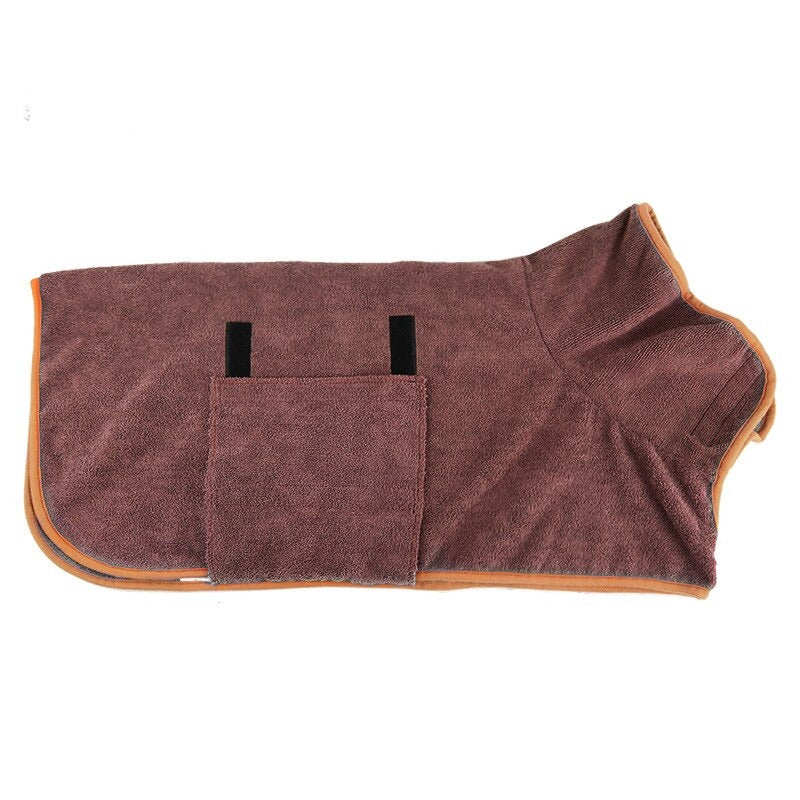Pet dog absorbent towel robe, adjustable fit, multi-functional as bathrobe or nightgown, vibrant colors, fits all breeds.