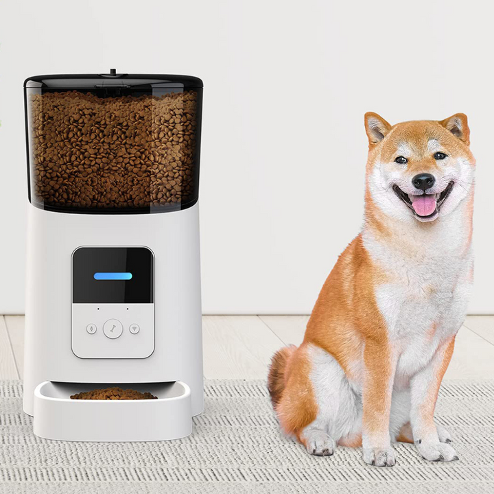 Pet feeding station with smart features, front view. Automatic meal scheduling and portion control for consistent pet nutrition.