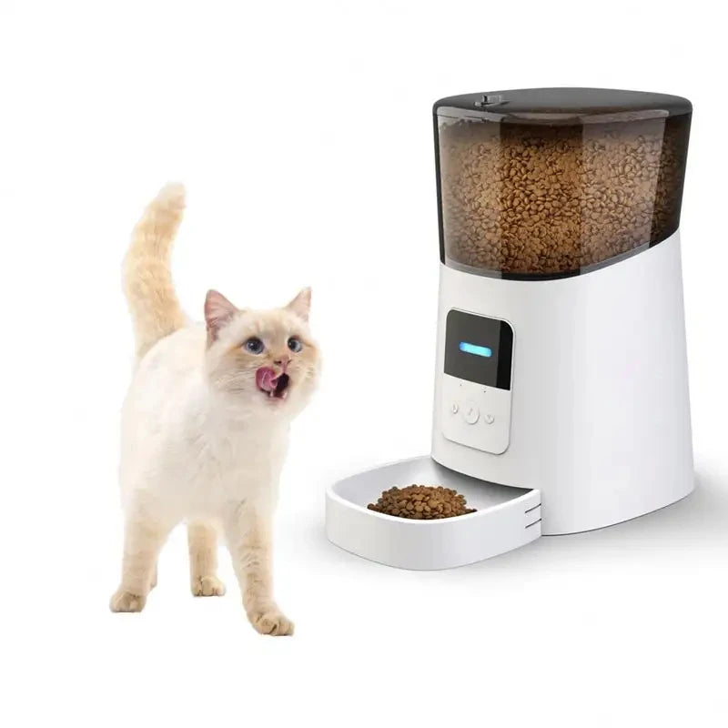 Pet feeding station with smart features, front view. Automatic meal scheduling and portion control for consistent pet nutrition.
