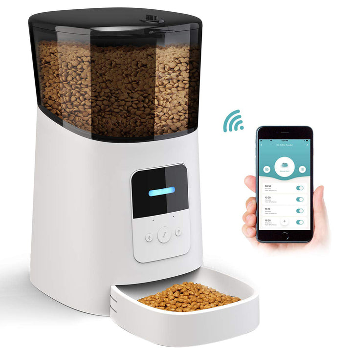 Pet feeding station with smart features, front view. Automatic meal scheduling and portion control for consistent pet nutrition.