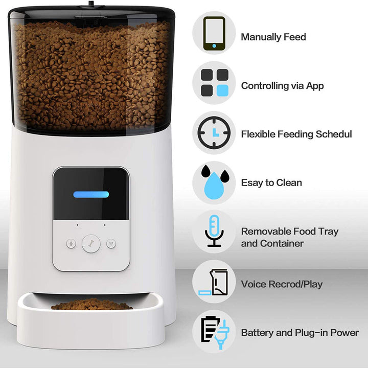 Pet feeding station with smart features, front view. Automatic meal scheduling and portion control for consistent pet nutrition.