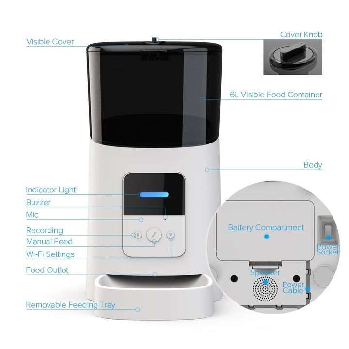 Pet feeding station with smart features, front view. Automatic meal scheduling and portion control for consistent pet nutrition.