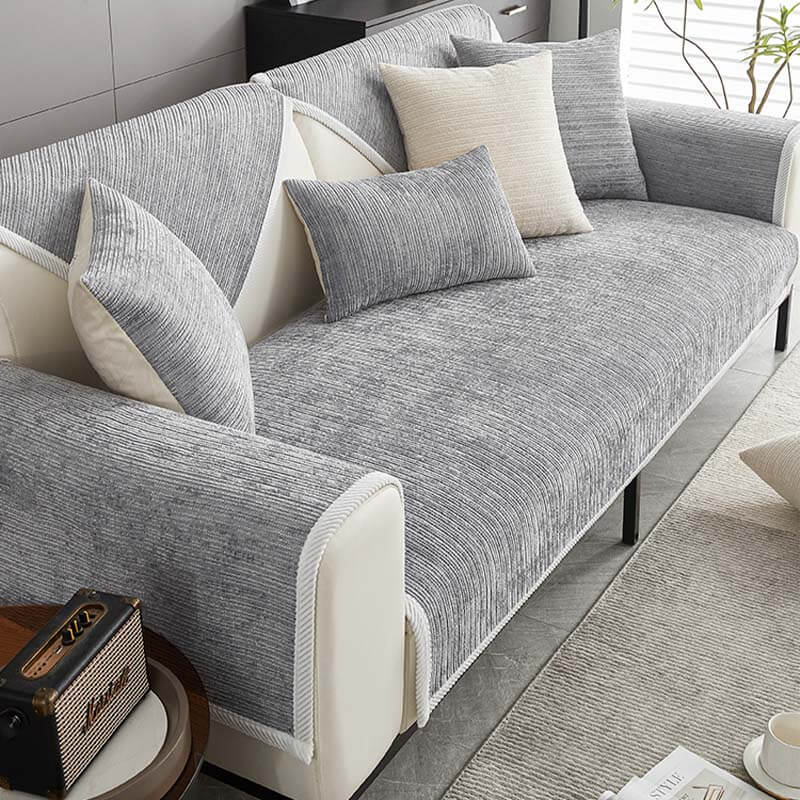 Pet-friendly striped chenille sofa cover anti-scratch design in soft fabric, adds chic style and protects furniture from dama