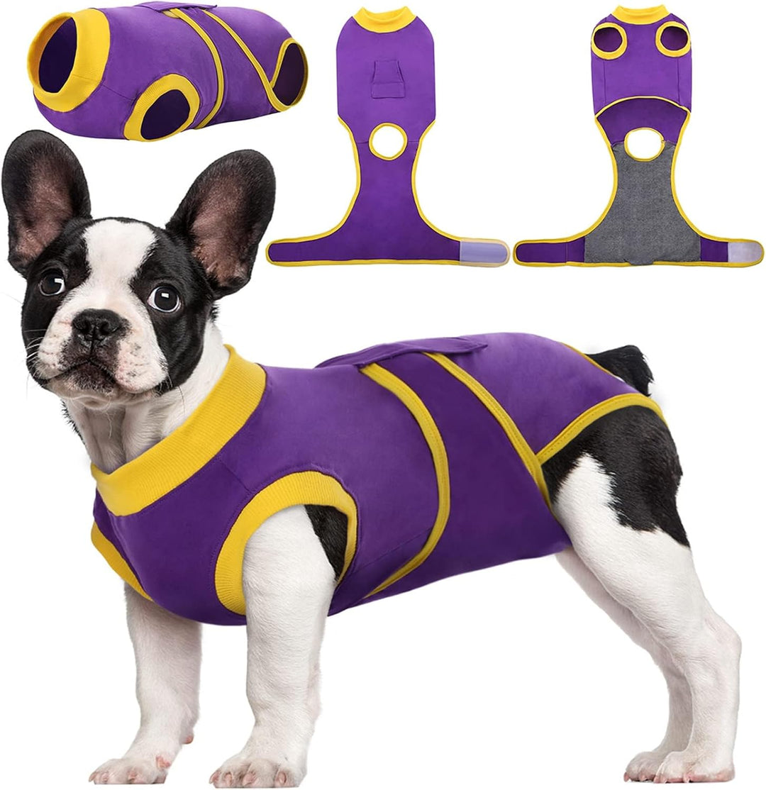 Post-operative recovery suit for pets: aids healing & prevents licking for dogs & cats.