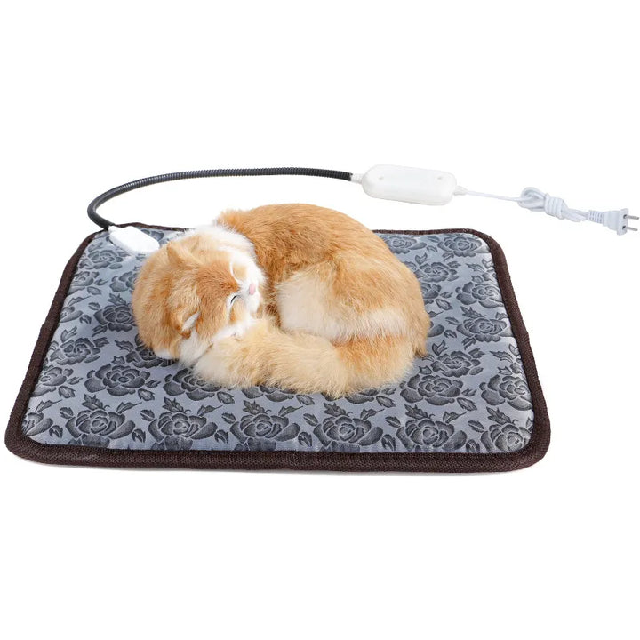 Pet warming electric mat with adjustable temperature and waterproof design, featuring a floral pattern and soft, plush surface for pet comfort.