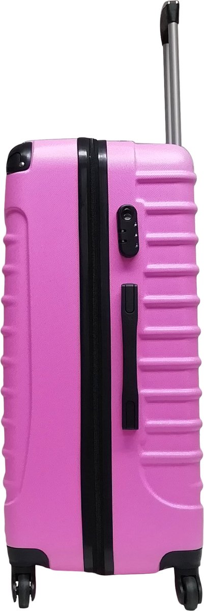 Stylish pink 2-piece hardshell travel set with multi-directional spinner wheels for easy navigation.