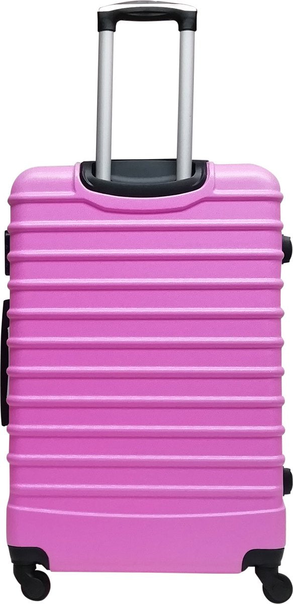 Vibrant pink 2-piece hardshell spinner luggage set for easy packing & secure travel.