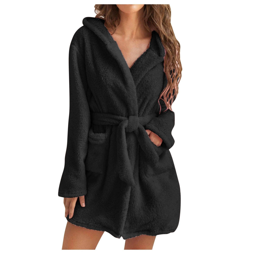 Plush coral fleece hooded bathrobe for women, cozy solid color loungewear.