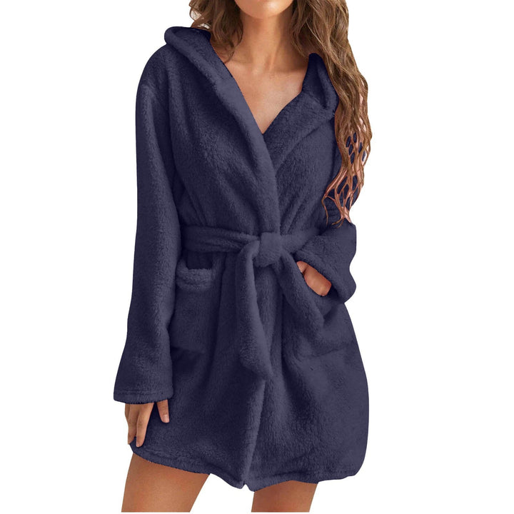 Cozy women's plush hooded robe, perfect for winter comfort & relaxation.