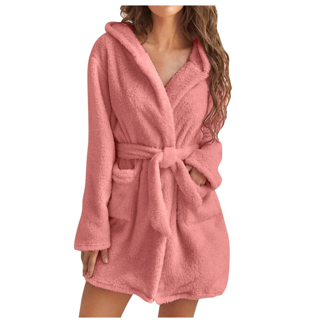 Soft solid color plush wrap bathrobe with hood for women's sleepwear.
