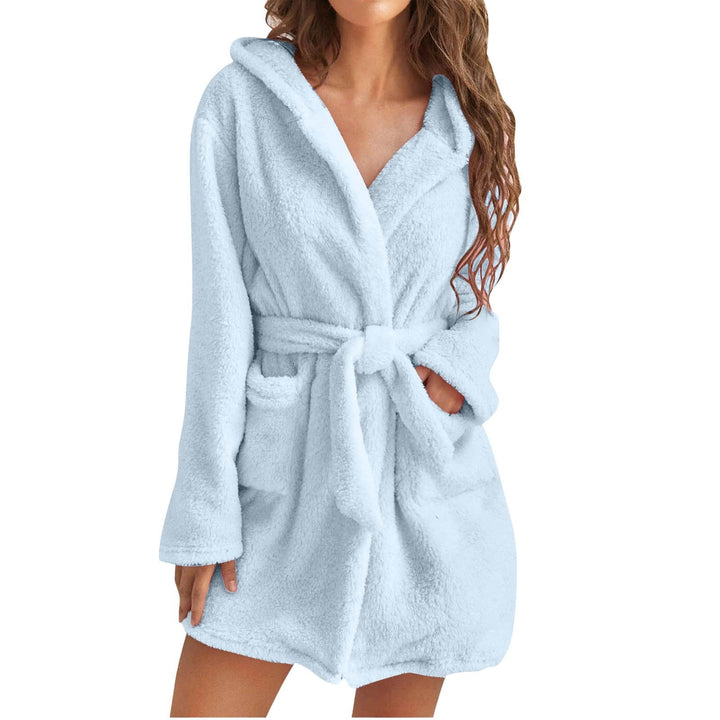 Elegant women's solid color plush hooded bathrobe, ultimate comfort loungewear.