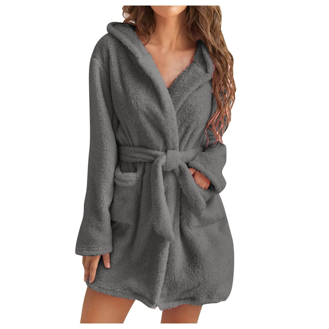 Luxurious women's hooded plush bathrobe, a cozy solid color wrap for home comfort.