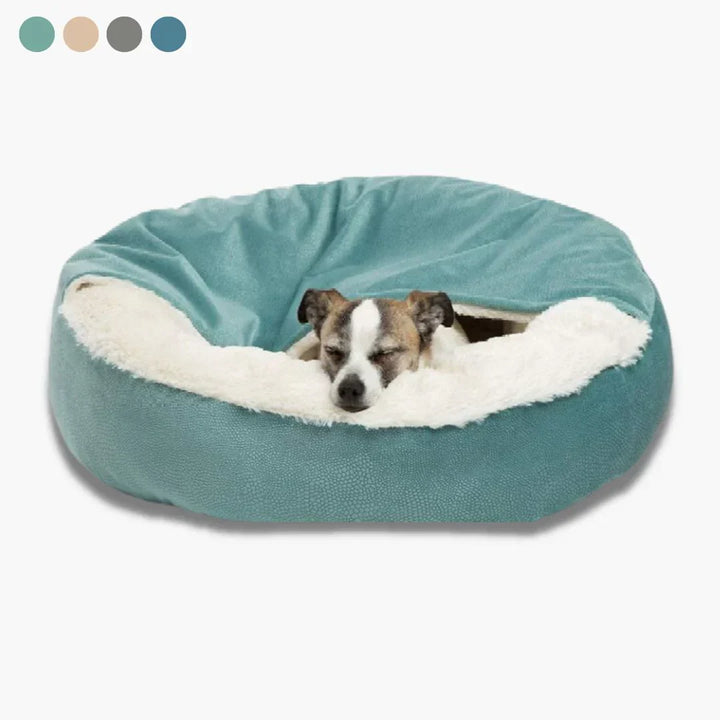 "Plush faux fur pet cave bed for cats and dogs, beige color, offering cozy comfort and security with orthopedic support."