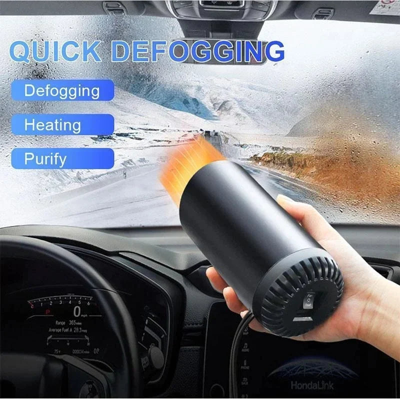 Compact portable car heater placed on dashboard, providing warmth for comfortable winter driving. 12V auto accessory.