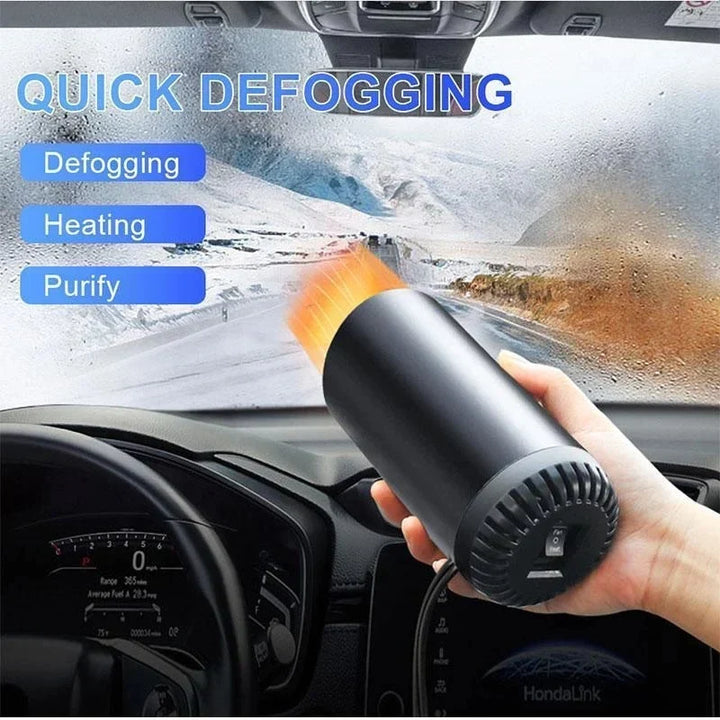 Compact portable car heater placed on dashboard, providing warmth for comfortable winter driving. 12V auto accessory.