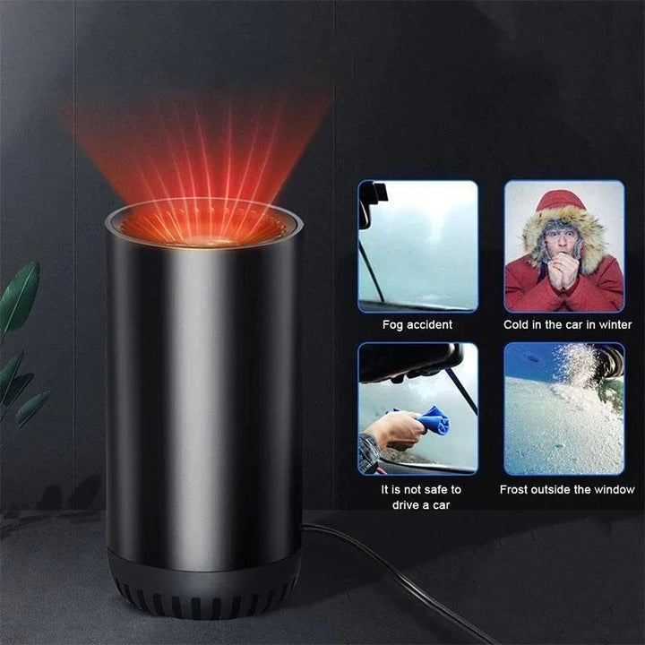 Sleek, black portable 12V car heater with swivel base for directing warm air. Ideal for winter travel comfort.