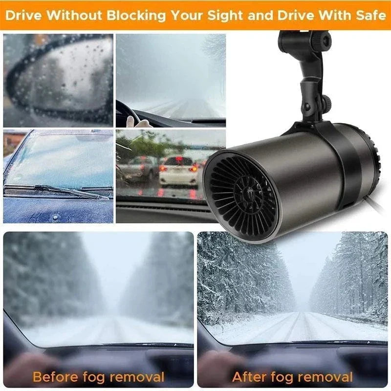 Close-up of portable car heater's fan & heating elements, emphasizing fast defrosting & efficient warming.