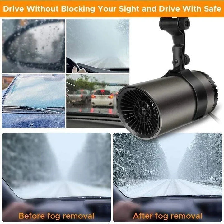 Close-up of portable car heater's fan & heating elements, emphasizing fast defrosting & efficient warming.
