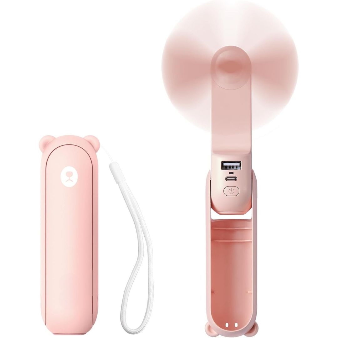 "Portable 3-in-1 mini fan with flashlight, power bank; sleek compact design, ideal for travel, outdoor activities."