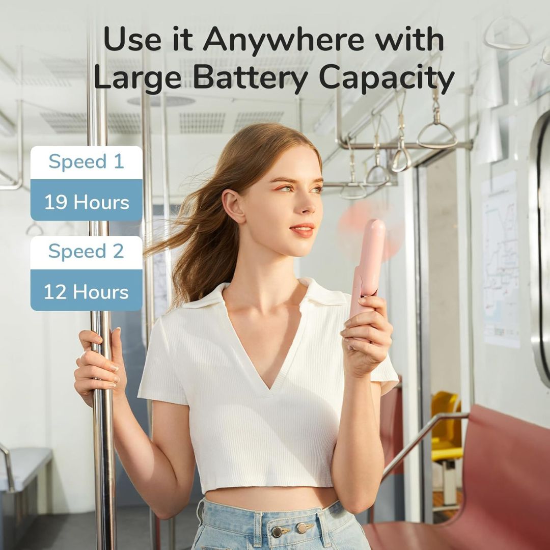 "Portable 3-in-1 mini fan with flashlight, power bank; sleek compact design, ideal for travel, outdoor activities."
