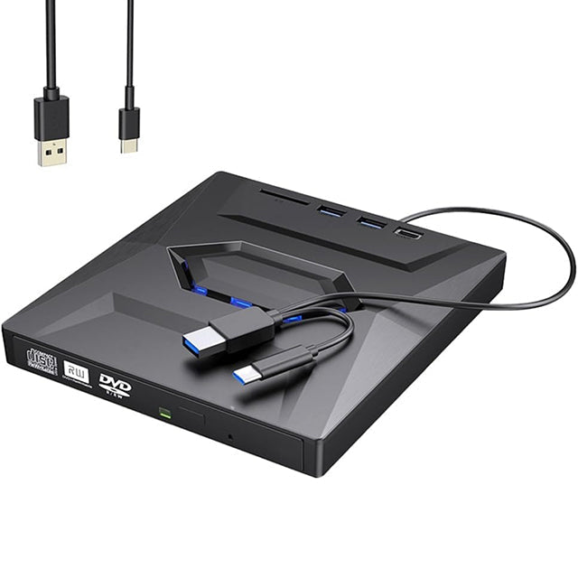 Portable 7-in-1 external CD DVD player & USB hub for laptops, compact design.
