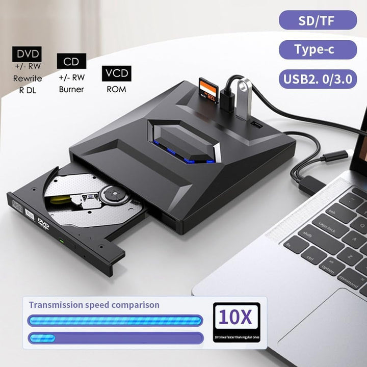 7-in-1 external CD DVD player, USB hub, & SD card reader. Universal compatible for laptops.