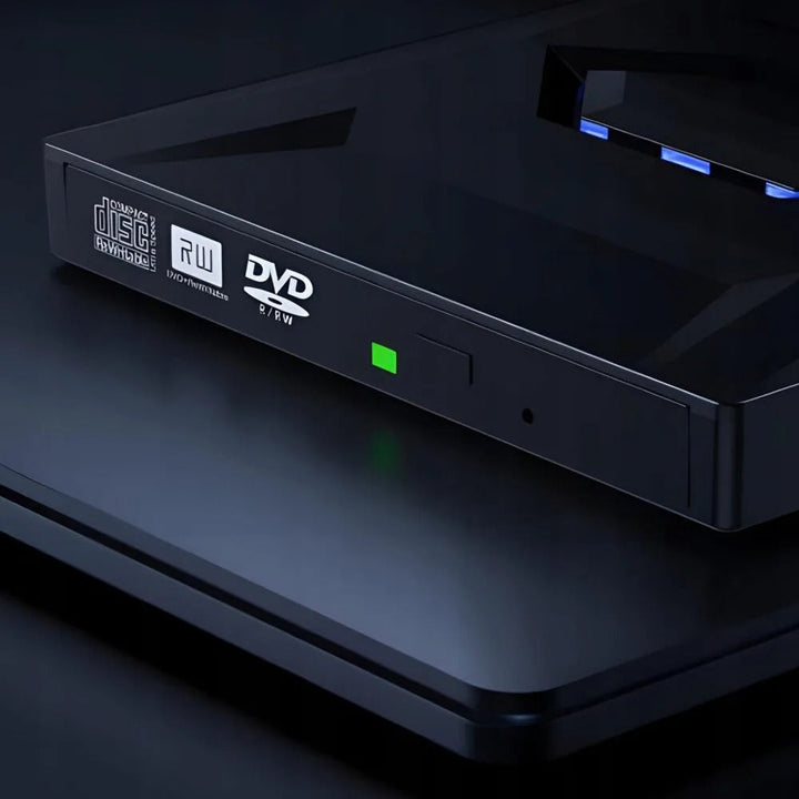 Plug & play external CD DVD player & USB hub, essential laptop accessory for disc burning & media.