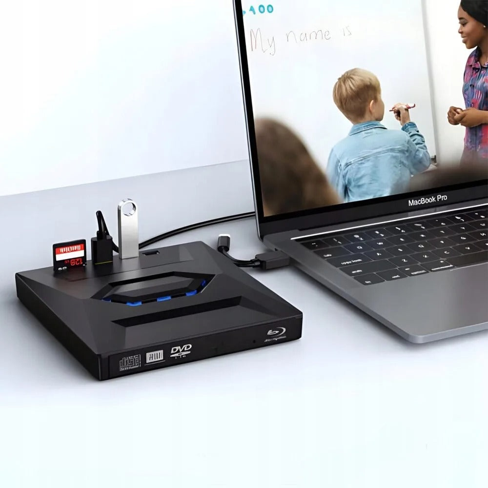 All-in-one portable external CD DVD player, USB hub, & SD card reader for laptops. Plug & play.