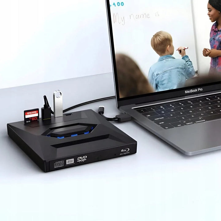 All-in-one portable external CD DVD player, USB hub, & SD card reader for laptops. Plug & play.