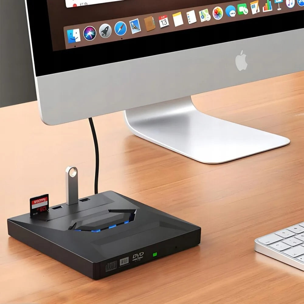 Sleek, portable external CD DVD drive, USB hub, & SD card reader. A universal laptop accessory.