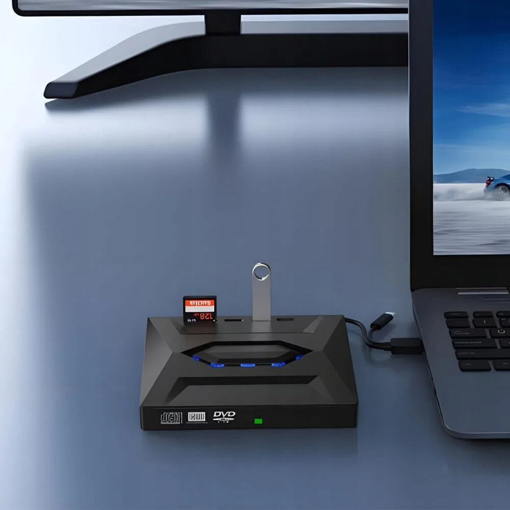 Versatile external CD DVD player, USB hub, & SD card reader for laptops. Enhances connectivity.