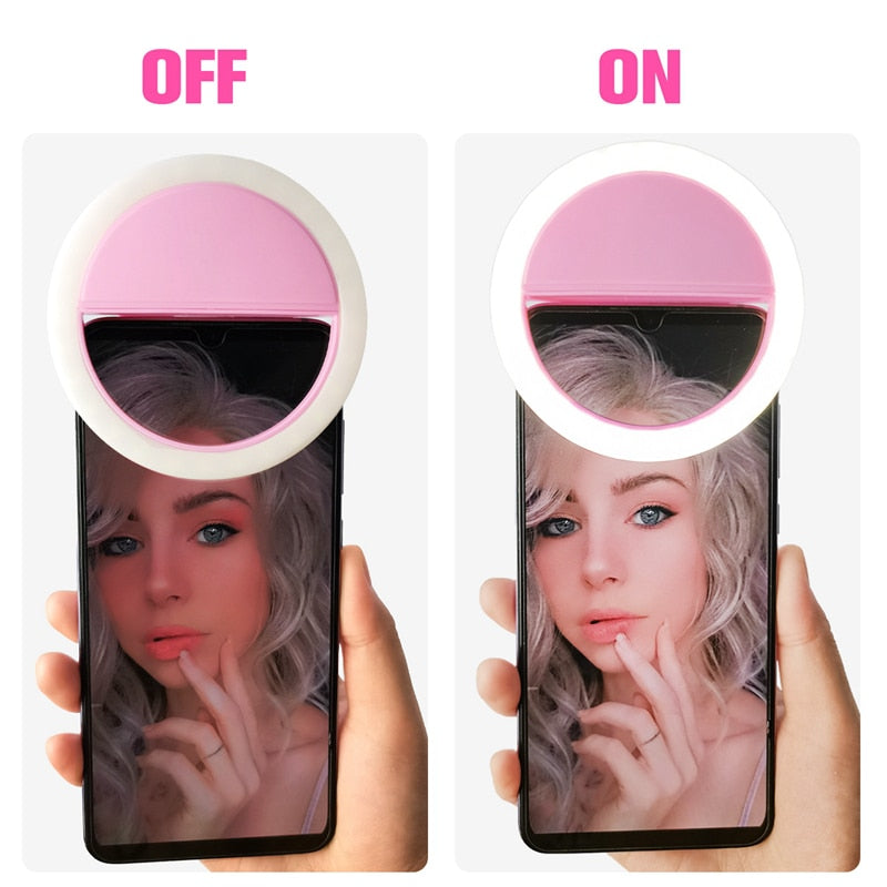Selfie ring light with clip, brightening faces for professional-looking photos and videos.