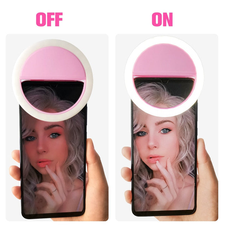 Selfie ring light with clip, brightening faces for professional-looking photos and videos.