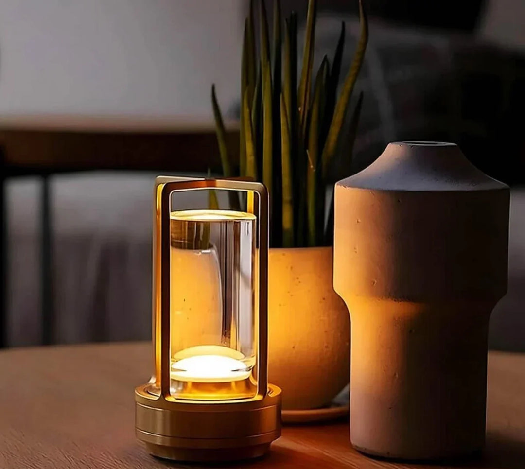 Portable crystal LED table lamp, waterproof & rechargeable. Perfect for indoor/outdoor ambient lighting.