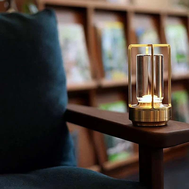 Close-up: Crystal LED table lamp showing intricate light refractions. Features touch control for brightness.