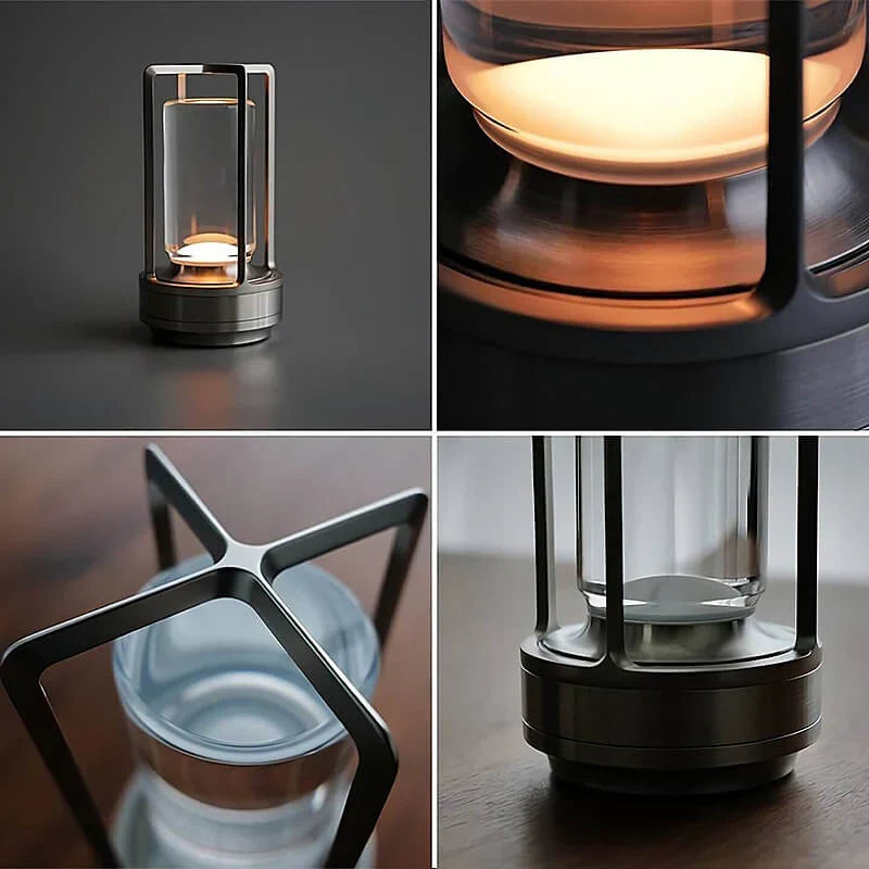Waterproof rechargeable crystal lamp casting beautiful, warm light on a balcony or garden at night.