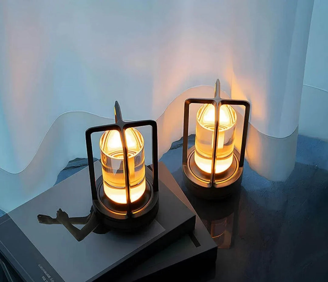 Waterproof portable crystal lamp illuminating a cozy patio. Great for outdoor gatherings & decorative lighting.