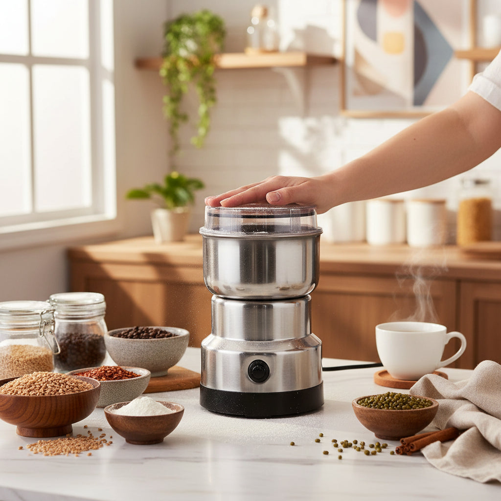 Portable electric food grinder for coffee beans, spices, and herbs. A versatile kitchen tool for fresh ingredients.