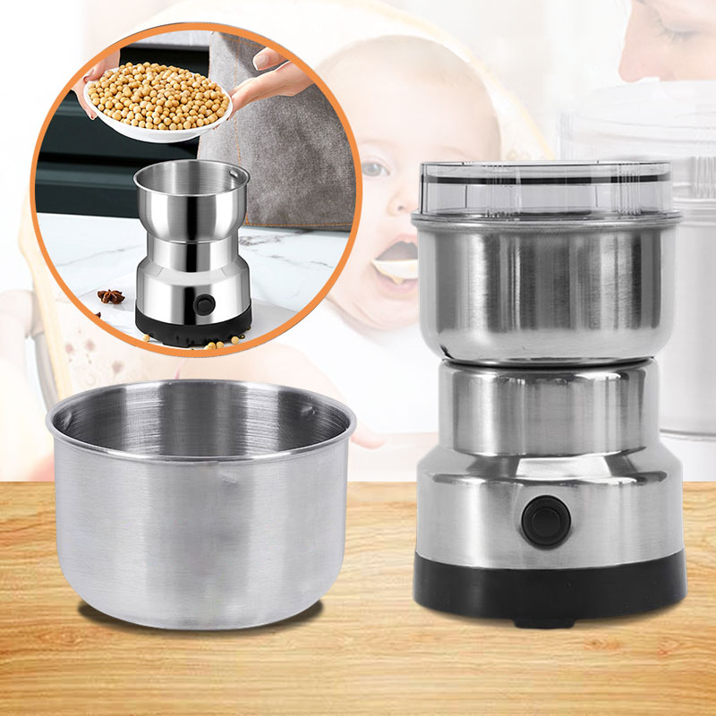 Versatile electric food mill grinding coffee, dry herbs, and spices. A compact portable kitchen accessory.