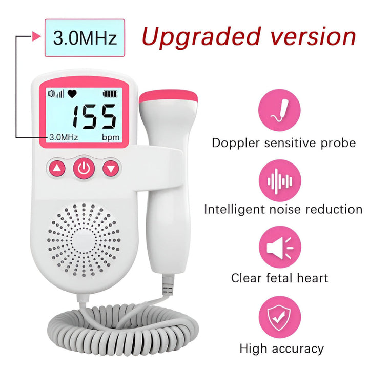 Expectant mother using a portable fetal doppler heartbeat listener for monitoring baby's heart rate at home.